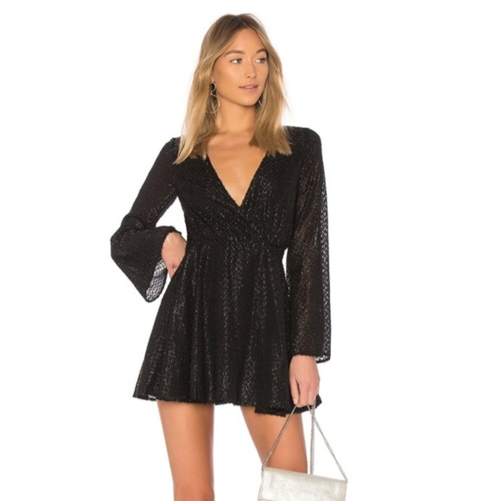 L'Academie The Wrap Mini Dress Black Metallic Eyelash Fringe NWOT Small